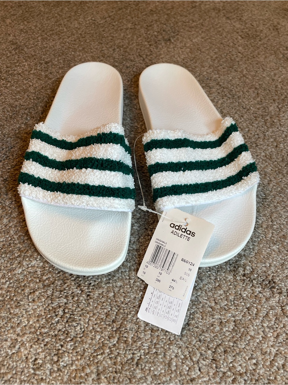 adidas Men’s Adilette White & Green Stripe Slide Sandals NWT Size 10 BB0124